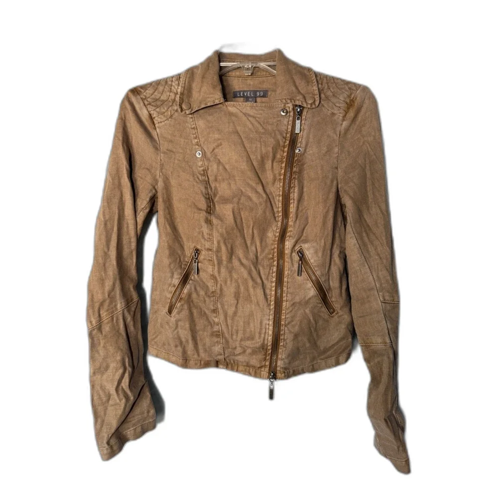 Level 99 Brooklyn Linen Moto Jacket Distressed Tan Earthy Indie Boho Crop